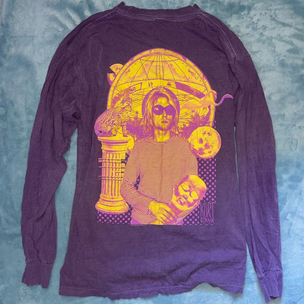 NIRVANA Kurt Cobain Purple and Yellow Graphic Long Sleeve Tee